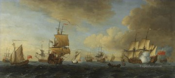 Landscapes Painting - John Cleveley the Elder An English frigate under sail firing a gun with shipping at anchor and under sail